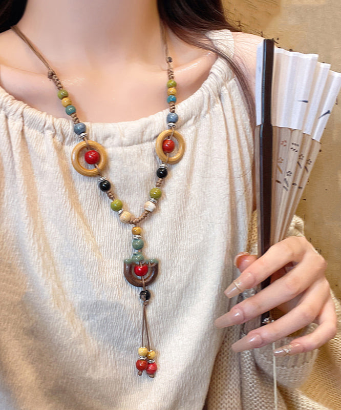 Bohemian Rainbow Nylon Rope Ceramic Beads Pendant Necklace