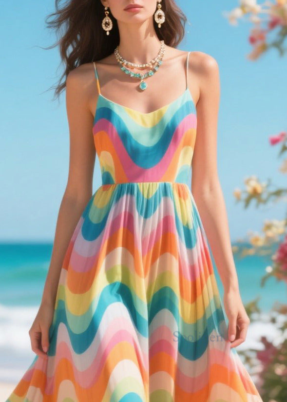 Bohemian Rainbow Striped Chiffon Holiday Dress Summer