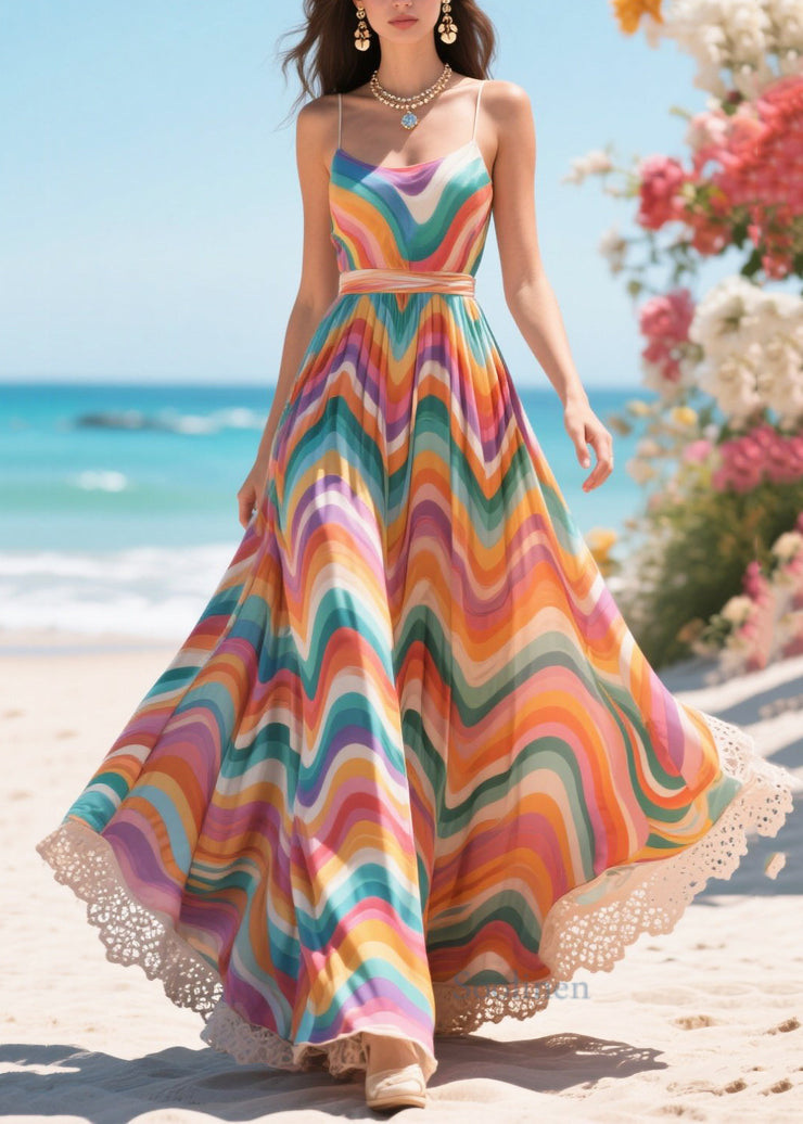 Bohemian Rainbow Striped Exra Large Hem Chiffon Summer Dress