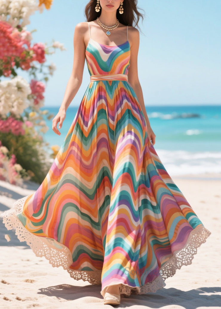 Bohemian Rainbow Striped Exra Large Hem Chiffon Summer Dress