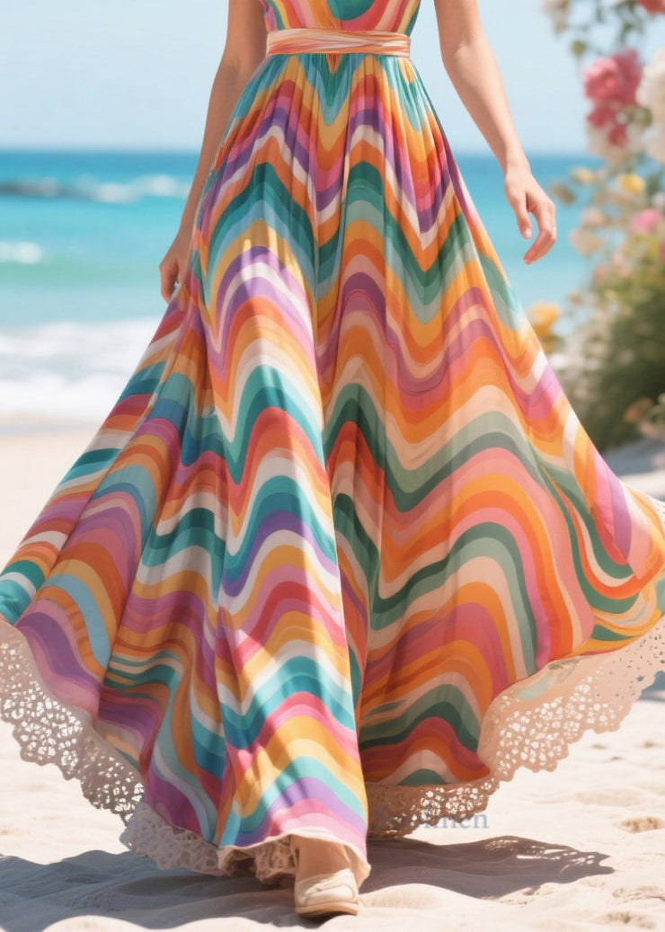 Bohemian Rainbow Striped Exra Large Hem Chiffon Summer Dress