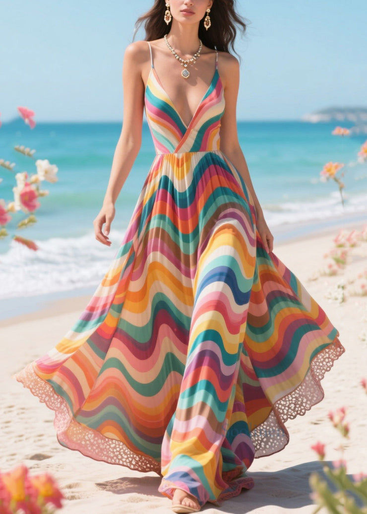 Bohemian Rainbow Striped Exra Large Hem Chiffon Sundress Summer