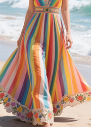 Bohemian Rainbow V Neck Striped Chiffon Spaghetti Strap Dress Summer