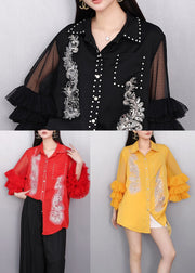 Bohemian Red Embroidered Chiffon Top Flare Sleeve