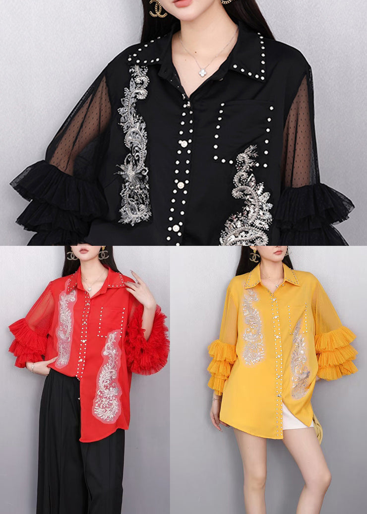 Bohemian Red Embroidered Chiffon Top Flare Sleeve