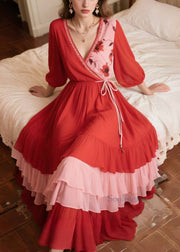 Bohemian Red Exra Large Hem Patchwork Chiffon Vacation Dress Summer