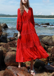 Bohemian Red Hollow Out Lace Button Shirts Dress Lantern Sleeve