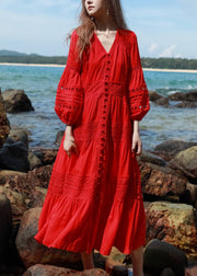 Bohemian Red Hollow Out Lace Button Shirts Dress Lantern Sleeve