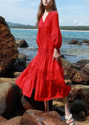 Bohemian Red Hollow Out Lace Button Shirts Dress Lantern Sleeve