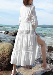 Bohemian Red Hollow Out Lace Button Shirts Dress Lantern Sleeve