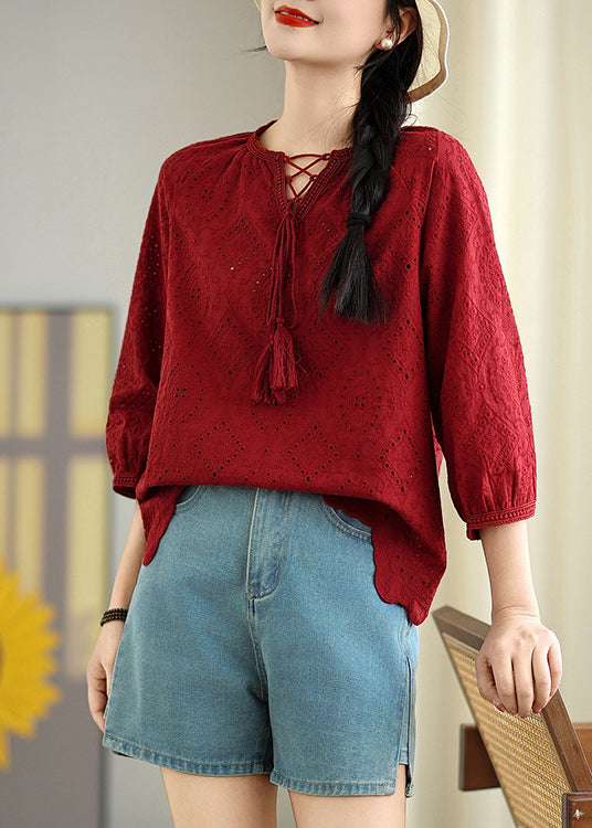 Bohemian Red Oversized Hollow Out Cotton Shirt Top Summer
