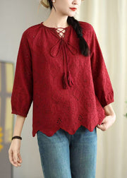 Bohemian Red Oversized Hollow Out Cotton Shirt Top Summer