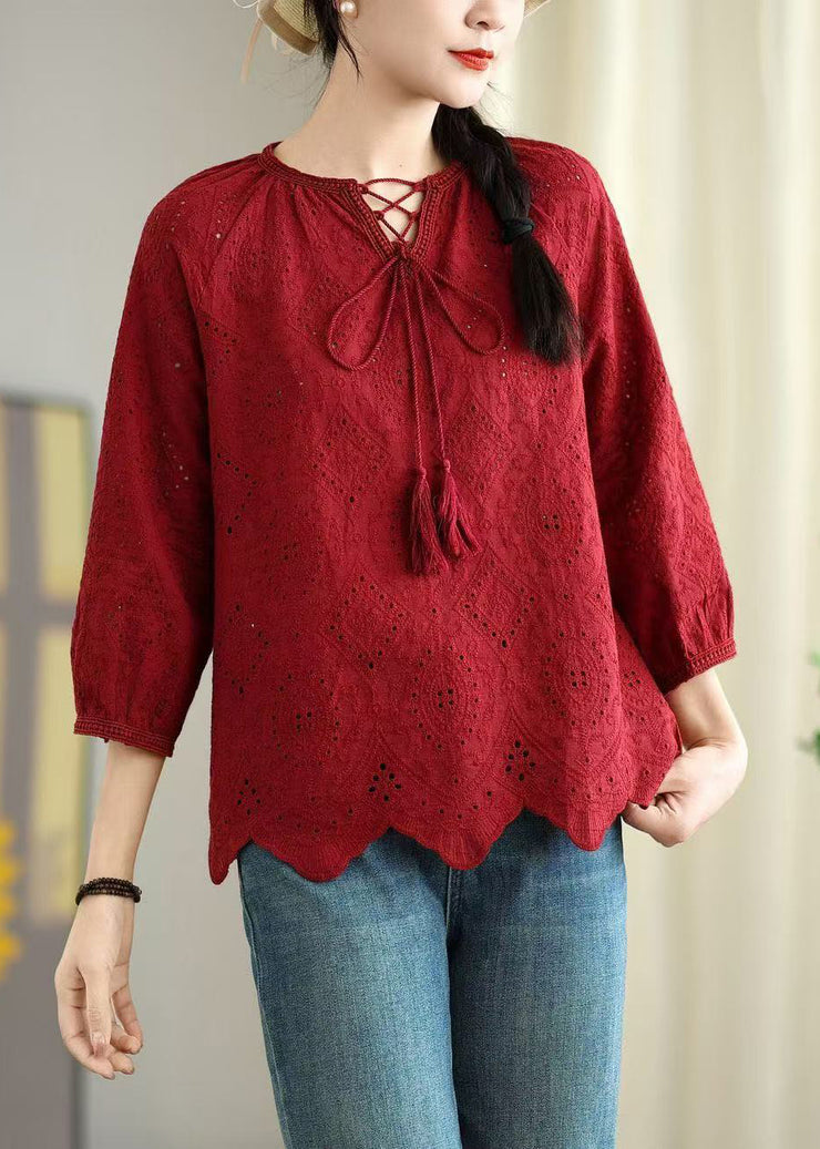 Bohemian Red Oversized Hollow Out Cotton Shirt Top Summer