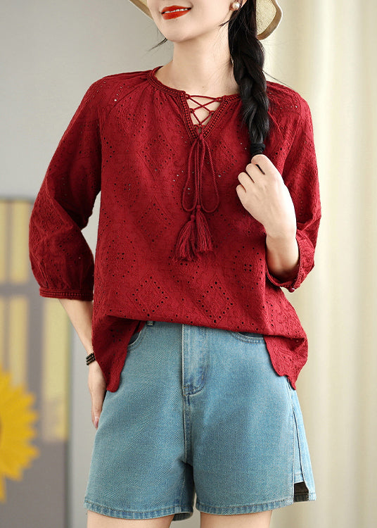 Bohemian Red Oversized Hollow Out Cotton Shirt Top Summer