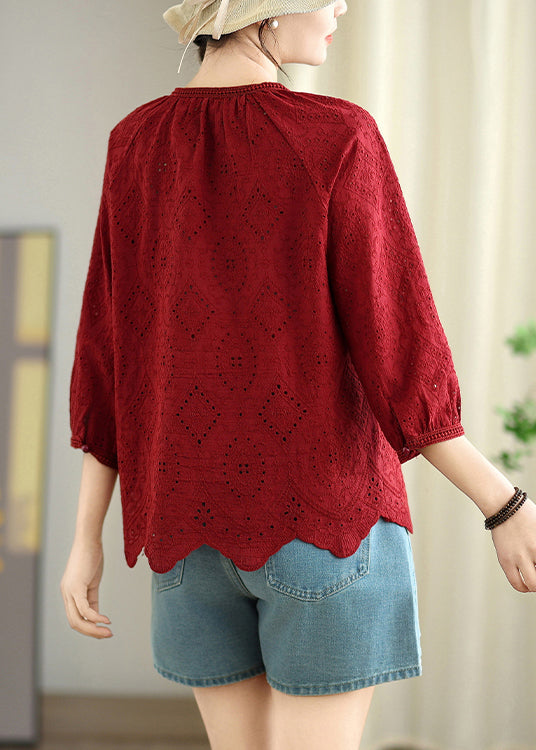 Bohemian Red Oversized Hollow Out Cotton Shirt Top Summer