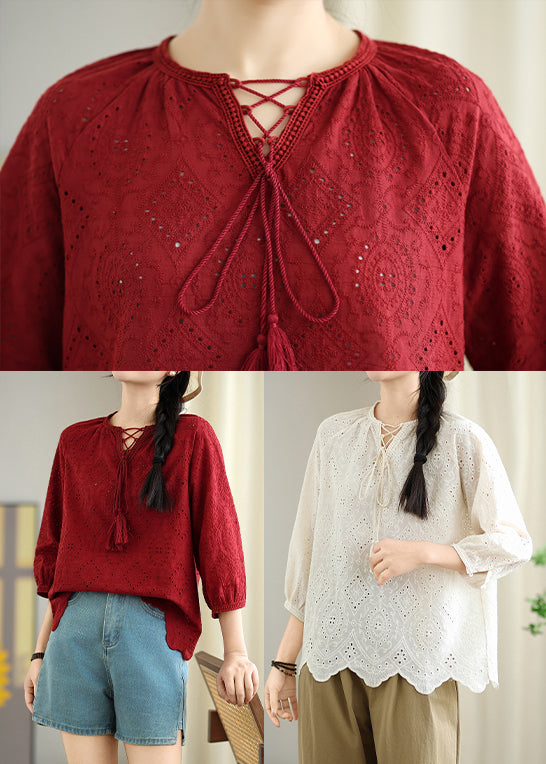 Bohemian Red Oversized Hollow Out Cotton Shirt Top Summer