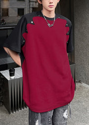 Bohemian Red Patchwork Rivet Cotton Mens Graphic Tees Summer