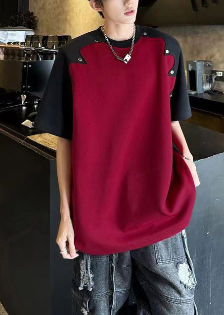 Bohemian Red Patchwork Rivet Cotton Mens Graphic Tees Summer