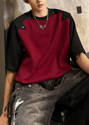 Bohemian Red Patchwork Rivet Cotton Mens Graphic Tees Summer