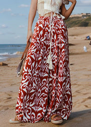 Bohemian Red Print Elastic Waist Silk Pants Summer