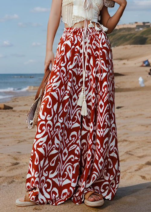 Bohemian Red Print Elastic Waist Silk Pants Summer