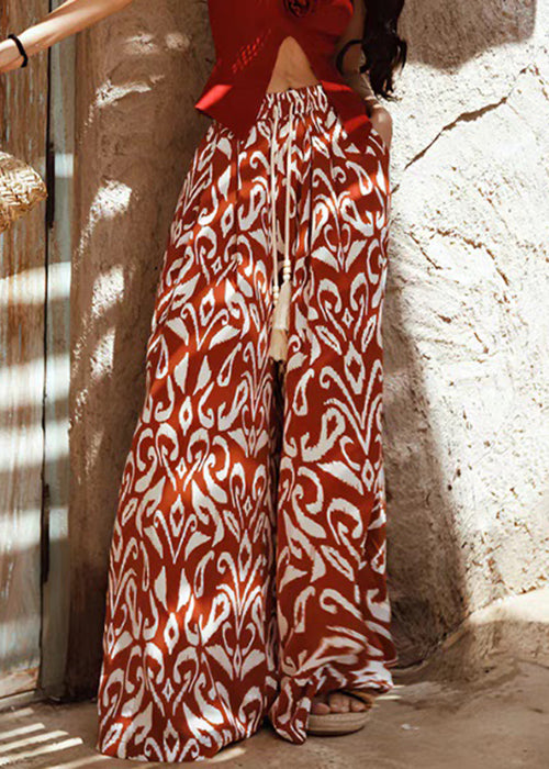 Bohemian Red Print Elastic Waist Silk Pants Summer