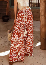 Bohemian Red Print Elastic Waist Silk Pants Summer