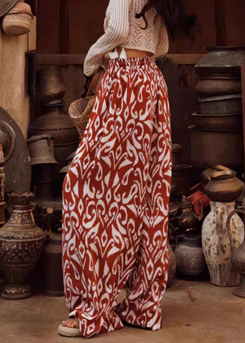Bohemian Red Print Elastic Waist Silk Pants Summer