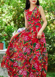Bohemian Red Print Exra Large Hem Chiffon Dresses Sleeveless