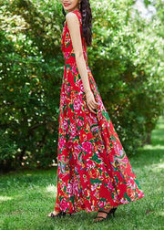 Bohemian Red Print Exra Large Hem Chiffon Dresses Sleeveless