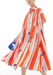 Bohemian Red Striped Peter Pan Collar Print Cotton Maxi Shirt Dress Summer
