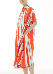 Bohemian Red Striped Peter Pan Collar Print Cotton Maxi Shirt Dress Summer