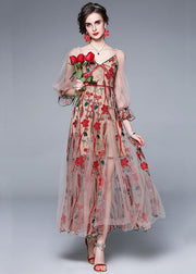 Bohemian Red V Neck Embroideried Patchwork Tulle Dress Lantern Sleeve