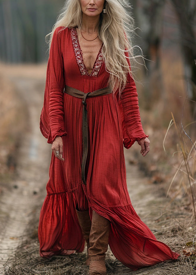 Bohemian Red V Neck Patchwork Cotton Dress Long Sleeve