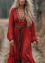 Bohemian Red V Neck Patchwork Cotton Dress Long Sleeve