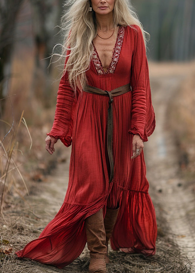 Bohemian Red V Neck Patchwork Cotton Dress Long Sleeve