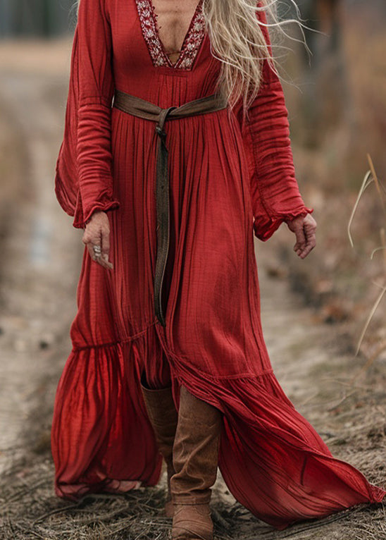 Bohemian Red V Neck Patchwork Cotton Dress Long Sleeve