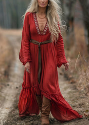 Bohemian Red V Neck Patchwork Cotton Dress Long Sleeve