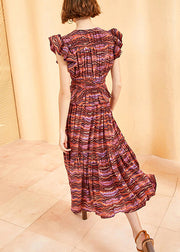 Bohemian Red V Neck Print Cotton Dress Butterfly Sleeve