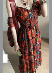Bohemian Red V Neck Print Holiday Long Dresses Summer