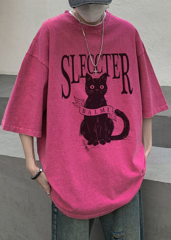 Bohemian Rose Cats Letter Oversized Cotton Mens T Shirt Half Sleeve