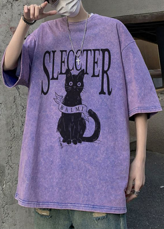 Bohemian Rose Cats Letter Oversized Cotton Mens T Shirt Half Sleeve