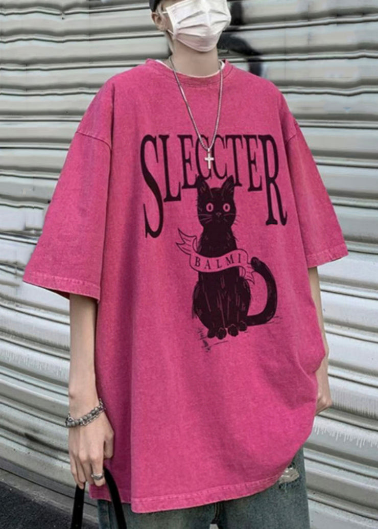 Bohemian Rose Cats Letter Oversized Cotton Mens T Shirt Half Sleeve