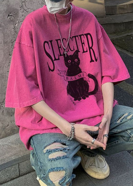Bohemian Rose Cats Letter Oversized Cotton Mens T Shirt Half Sleeve