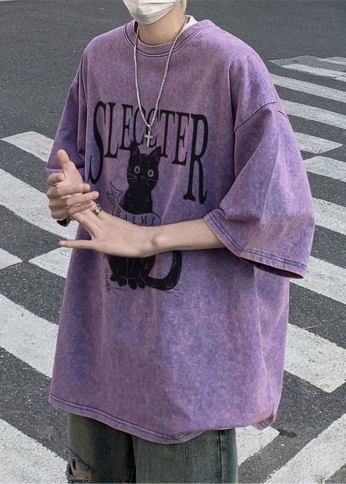 Bohemian Rose Cats Letter Oversized Cotton Mens T Shirt Half Sleeve