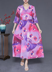 Bohemian Rose Cinched Patchwork Print Silk Vacation Dress Summer