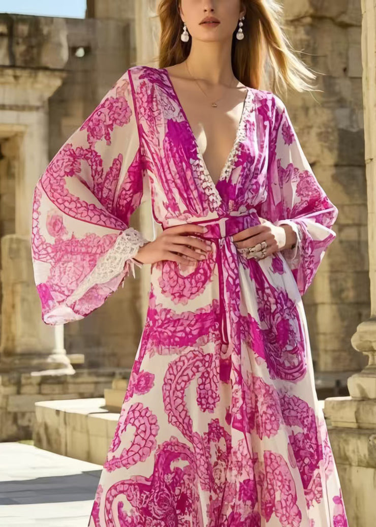 Bohemian Rose Print Exra Large Hem Chiffon Vacation Dresses Spring