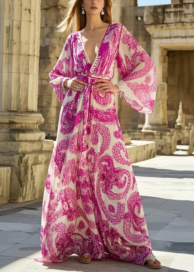 Bohemian Rose Print Exra Large Hem Chiffon Vacation Dresses Spring