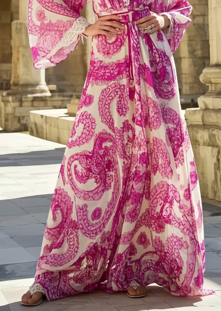 Bohemian Rose Print Exra Large Hem Chiffon Vacation Dresses Spring