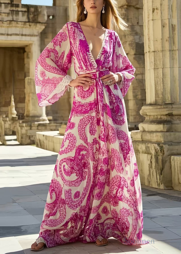 Bohemian Rose Print Exra Large Hem Chiffon Vacation Dresses Spring